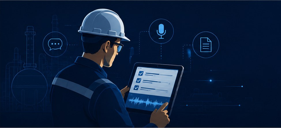 Técnico em campo registrando checklist e áudio no tablet